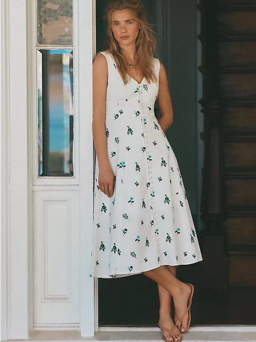 Anthropologie White Floral Button-Front Sundress